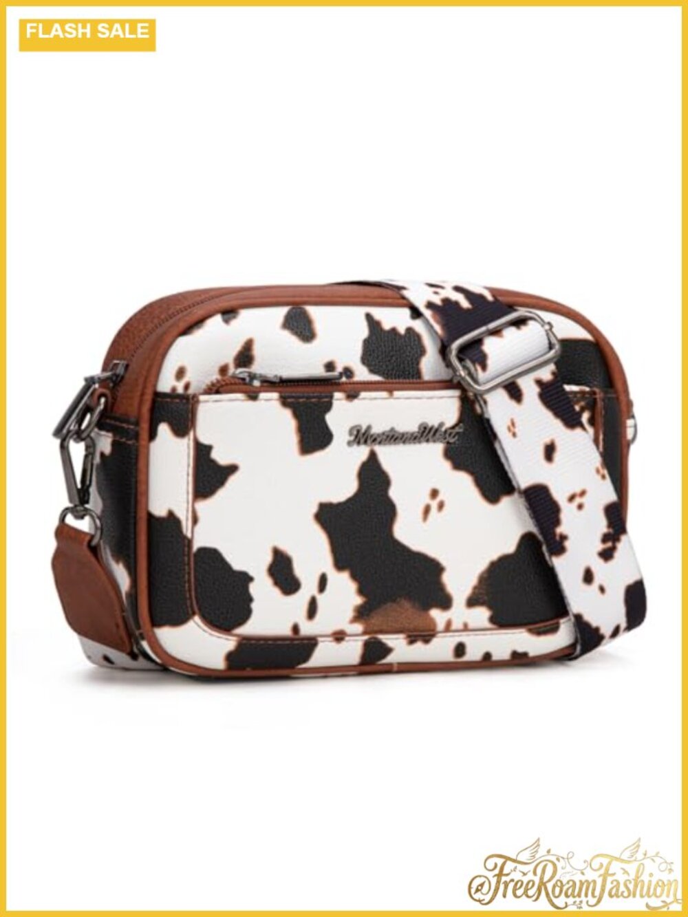 PU Leather Crossbody Bag Women Cow Print Purse Triple Zip Wide Strap